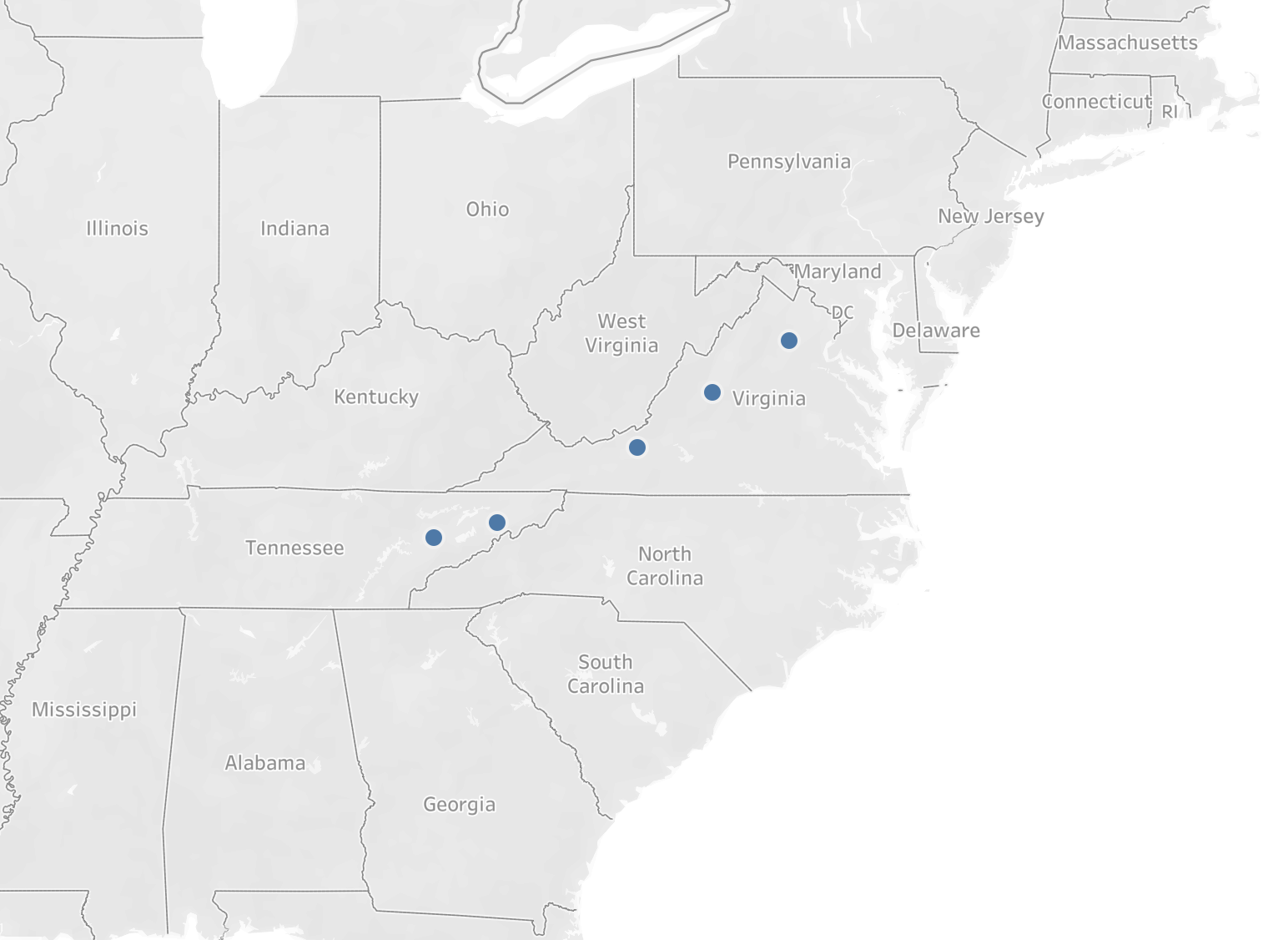 MMap of southeastern US showing study site locations